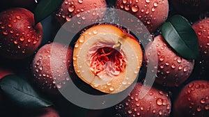 A close up of a bunch of peaches with water droplets on them, AI