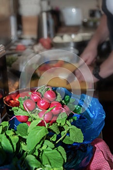Close-up of a bunch of radishes. Radish on the background of a restaurant where the chef prepares vegetable dishes
