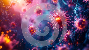 A close up of a bunch of red and blue viruses