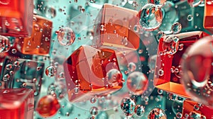 A close up of a bunch of red cubes with clear water surrounding them