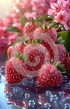 A close up of a bunch of red strawberries with water droplets on them