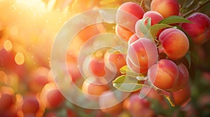 A close up of a bunch of ripe peaches on the tree, AI