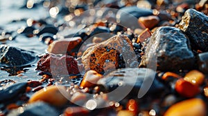 A close up of a bunch of rocks and pebbles on the beach, AI