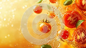 A close up of a bunch of tomatoes being splashed with water, AI