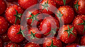 A close up of a bunch of tomatoes with water droplets on them, AI