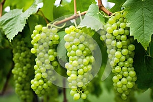 close-up of a bunch of unripe, green grapes on the vine