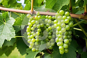 close-up of a bunch of unripe, green grapes on the vine