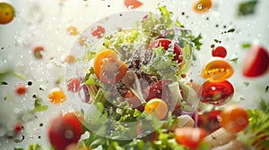A close up of a bunch of vegetables being splashed with water, AI
