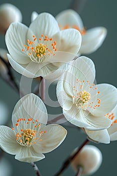 A close up of a bunch of white flowers with orange centers, AI photo