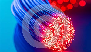 A close-up of a bundle of blue fiber optic cables with glowing red ends