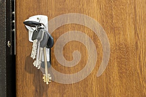 Close-up of bundle of different keys in key hole in wooden texture dood.