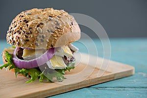 Close up of burger with cottage cheese on cutting board