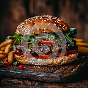 Close up of burger and french fries in food photography style on blurred background photo