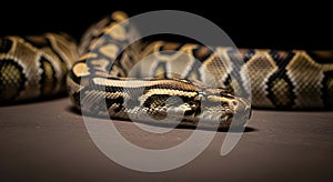 Close-up of a Burmese Python Snake on a Dark Surface
