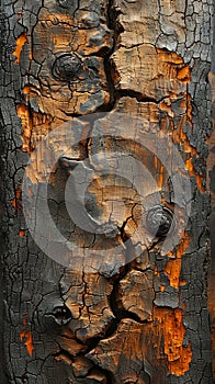 A close up of a burned tree bark