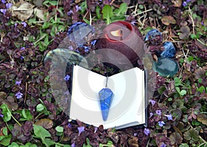 Close up with burning candle, open book for spells and magic crystals in grass outside