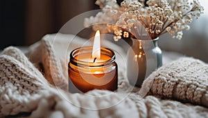 Close up of Burning candle in small amber glass jar on wooden plate - Cozy lifestyle concept