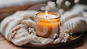 Close up of Burning candle in small amber glass jar on wooden plate - Cozy lifestyle concept photo