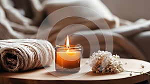 Close up of Burning candle in small amber glass jar on wooden plate - Cozy lifestyle concept photo