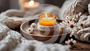Close up of Burning candle in small amber glass jar on wooden plate - Cozy lifestyle concept photo