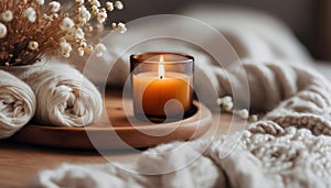 Close up of Burning candle in small amber glass jar on wooden plate - Cozy lifestyle concept photo