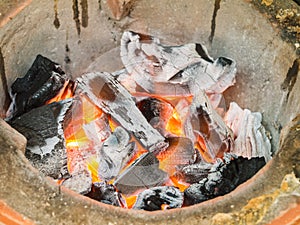 Close up burning charcoal