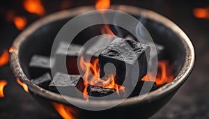 Close-up of burning charcoal cubes