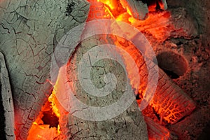 Close up burning charcoal grill.