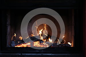 Close up of a burning fireplace at home
