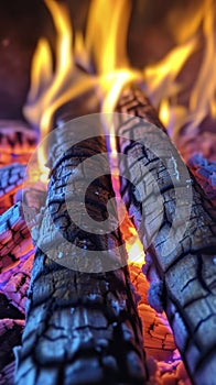 Close-up of burning logs in a vibrant fire