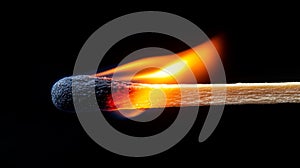 Close-up of a burning matchstick on a black background.