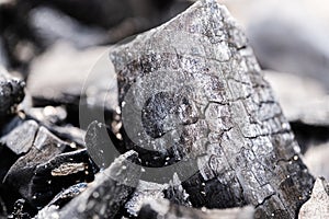 Close up of burnt coals. Macro texture.