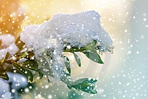 Close-up of bush brunch with small wet green leaves covered with thick snow on bright blurred sunny abstract copy space background