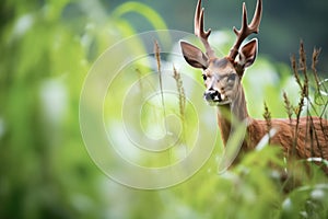 close-up of a bushbuck browsing in lush foliage