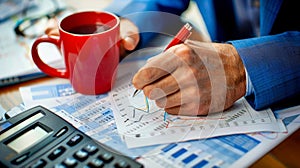 close-up of a business analytics workspace which includes a person analyzing a financial graph with a pen in hand.. AI