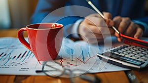 close-up of a business analytics workspace which includes a person analyzing a financial graph with a pen in hand.. AI