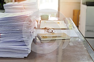 Close up of business documents stack on desk , report papers stack