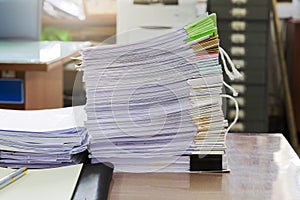 Close up of business documents stack on desk , report papers stack