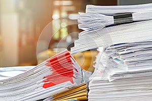 Close up of business documents stack on desk , report papers stack