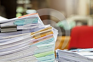 Close up of business documents stack on desk , report papers stack