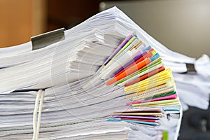 Close up of business documents stack on desk , report papers stack