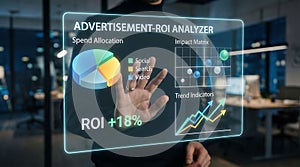 Close up of business hand pointing at advanced virtual data visualization dashboard with analytics and graphs.