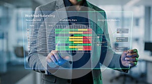 Close up of business hand pointing at advanced virtual data visualization dashboard with analytics and graphs.