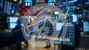 Close up of business hand pointing at advanced virtual data visualization dashboard with analytics and graphs.