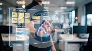 Close up of business hand pointing at advanced virtual data visualization dashboard with analytics and graphs.
