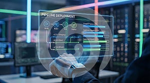 Close up of business hand pointing at advanced virtual data visualization dashboard with analytics and graphs.