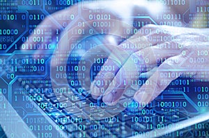 Close up of business man hand working on  laptop computer