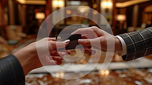 Close up of a business man\'s hand giving a credit card for payment in the hotel, Generative AI