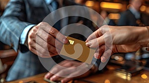 Close up of a business man\'s hand giving a gold credit card for payment, Generative AI