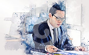 Close-up business man thinking and sitting on desk in the office on watercolor illustration paint background.
